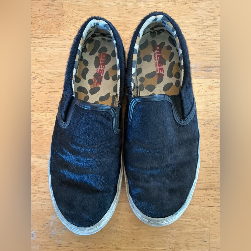 Diesel Black Slip-On Sneakers with Pony Hair Upper